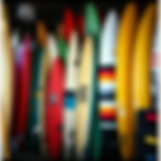 A vibrant array of used surfboards in a Los Angeles shop, showcasing unique designs and shapes.