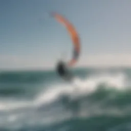 Dynamic action shot of a kite surfer riding the waves with a 12m kite