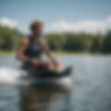 An athlete performing a kneeboarding trick on a lake.