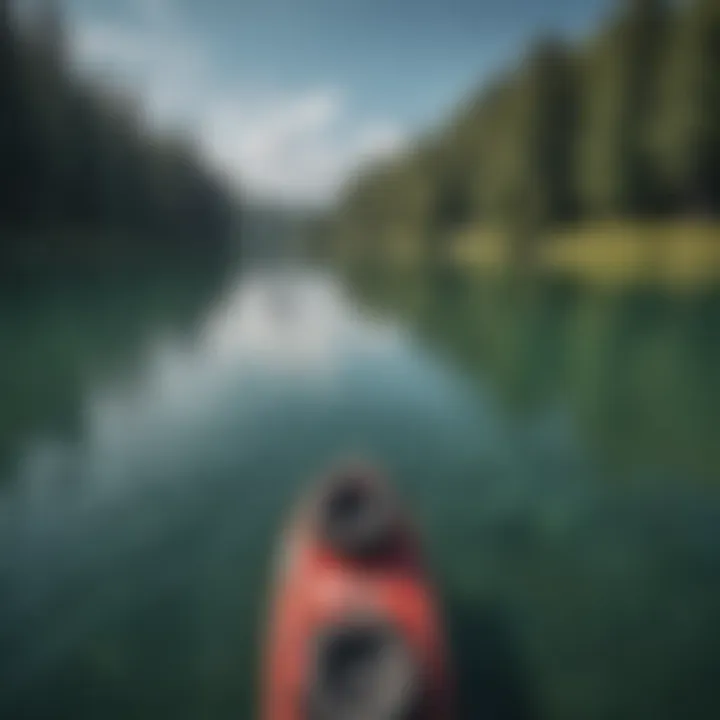 A scenic view of a serene lake where kneeboarding is taking place.