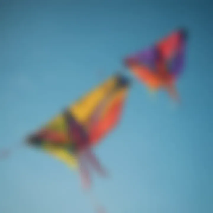 Colorful kites flying in a bright blue sky