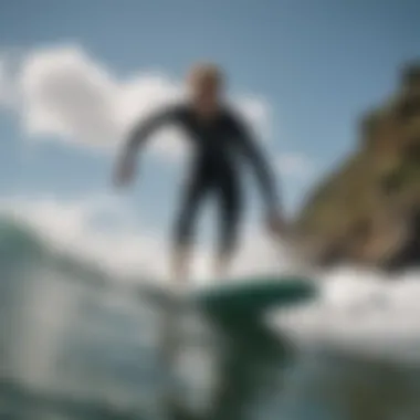 A surfer riding a wave on a performance-oriented surfboard