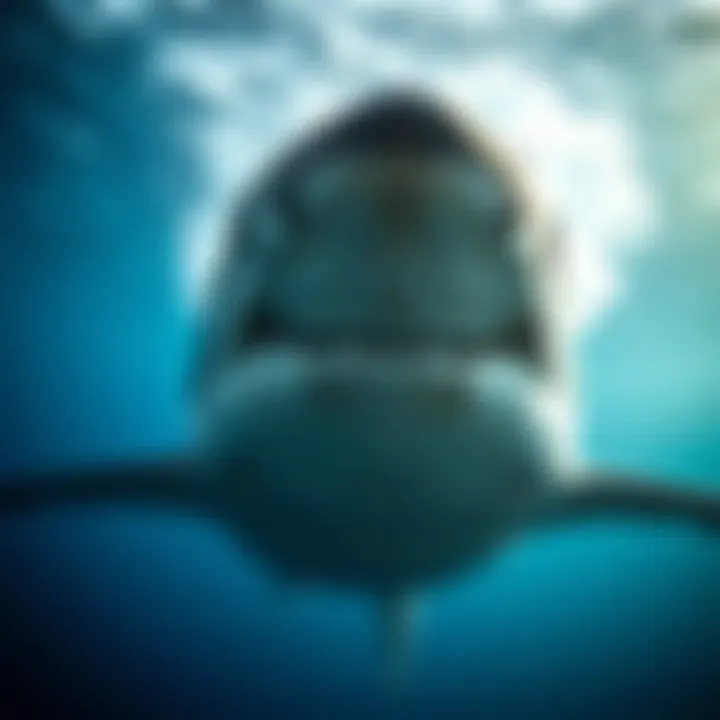 An underwater view of a great white shark showcasing its powerful physique and keen eyes.