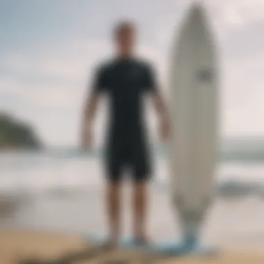 A surfboard being measured to determine the ideal length for a novice.