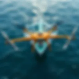 Aerial view of ocean cleanup technology in action