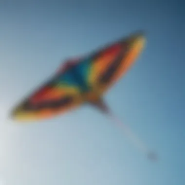 A vibrant kite soaring high against a clear blue sky, showcasing its design and colors.