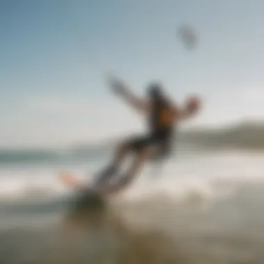 A picturesque beach scene with kiteboarders in action, illustrating the excitement of the sport.