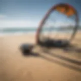 Kitesurfing gear displayed on a sunny beach