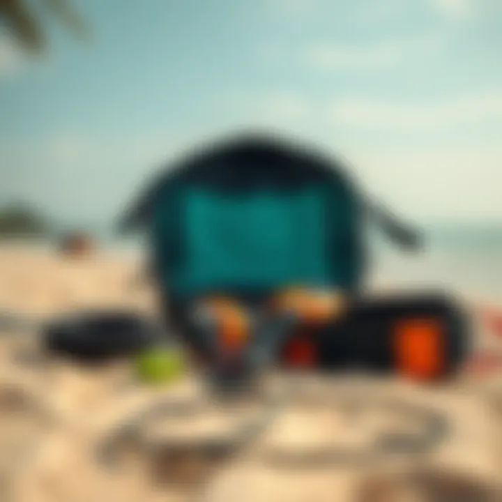 Kitesurfing gear laid out on a sandy beach in the Amazon