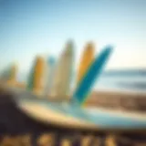 Surfboards at La Pointe Surf Camp Surfboards lined up on the beach at La Pointe Surf Camp