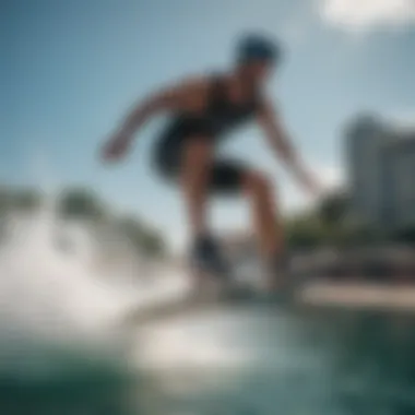 A dynamic shot capturing the moment of lift during an ollie in a water sport.