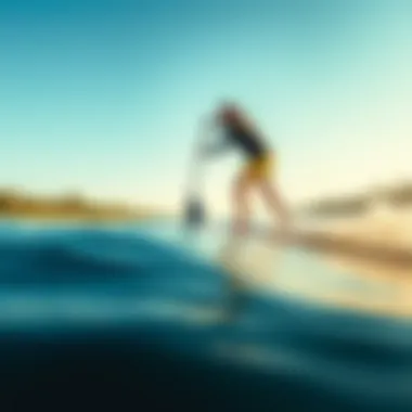 A close-up of a paddleboarder executing an ollie on water