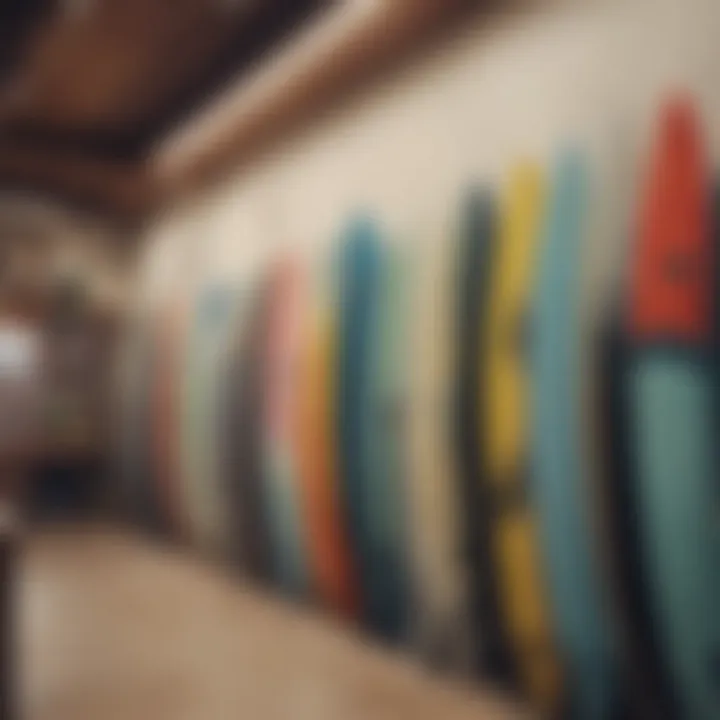 A selection of hybrid surfboards displayed at a surf shop.