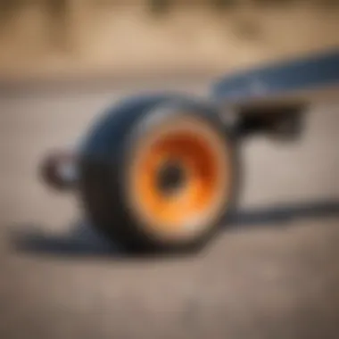 Close-up of longboard wheels highlighting different shapes and hardness levels.