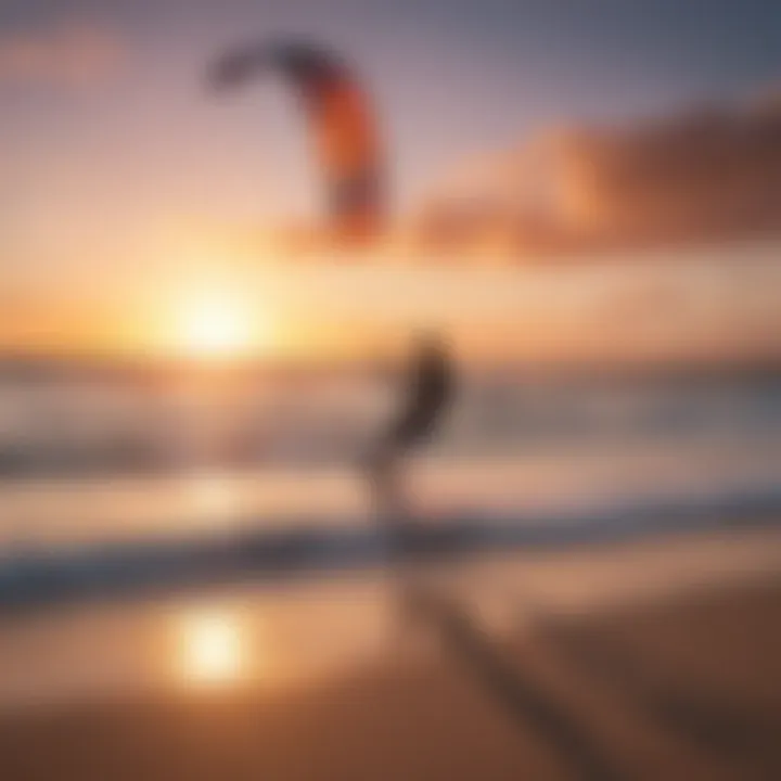 A vibrant kite soaring over a picturesque beach during sunset.