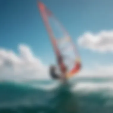 A vibrant windsurfing scene with colorful sails against a clear blue sky