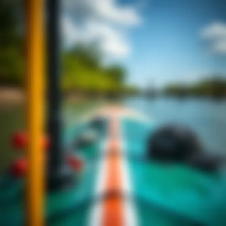 Close-up of paddleboarding equipment setup