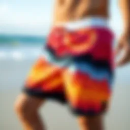 Vibrant Quicksilver boardshorts displayed on a sandy beach