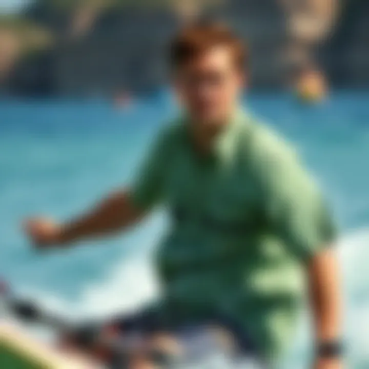 Quiksilver Shirt in Action Stylish individual wearing a Quiksilver collared shirt while engaging in a water sport activity.