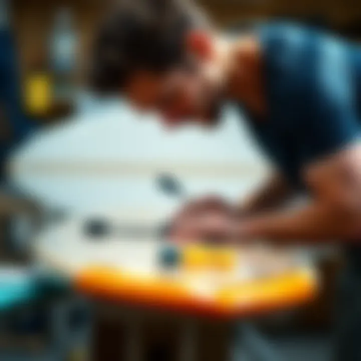 Artistry and Engineering in Board Production A shaper meticulously applying resin and fiberglass to a surfboard, illustrating the blend of artistry and engineering.