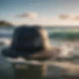 A vibrant Rip Curl hat displayed against a backdrop of ocean waves.