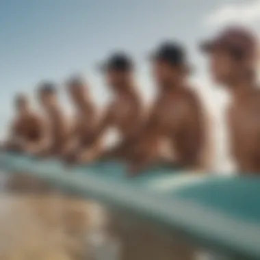 A group of surfers wearing Rip Curl hats enjoying a sunny day at the beach.