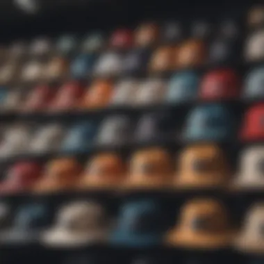 An array of different styles and colors of Rip Curl hats displayed together.