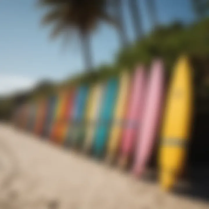 A vibrant beach scene at Billabong, with colorful surfboards lined up on the shore.