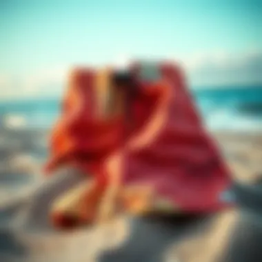 Vibrant rusty boardshorts displayed on a sandy beach