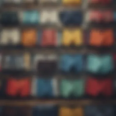 Diverse Styles of Surf Trunks Variety of surf trunks styles displayed on a rack