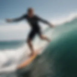 A dynamic close-up of a skimboard gliding over ocean waves