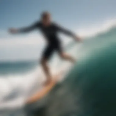 A dynamic close-up of a skimboard gliding over ocean waves