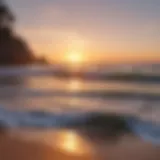 A serene beach at sunset with gentle waves lapping the shore