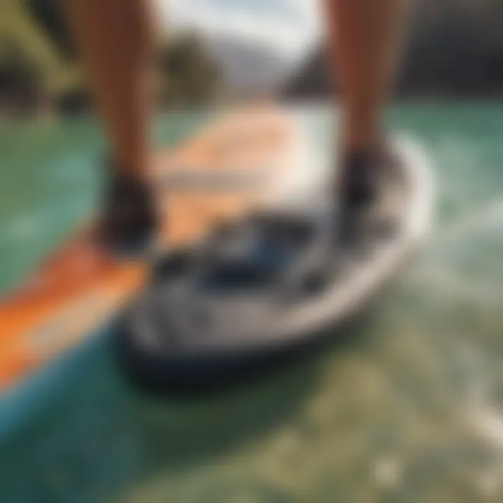 A close-up of essential paddleboarding gear including a paddle and life jacket.