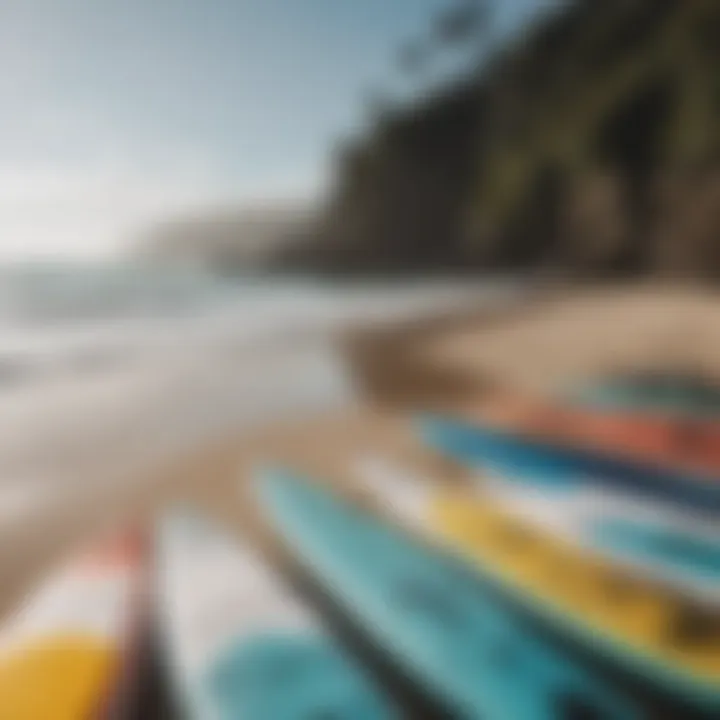 An assortment of standup paddleboards lined up on a beach ready for use.