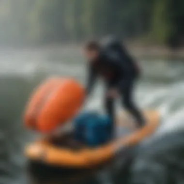 A watersport enthusiast packing gear into a stay covered board bag at the water's edge.