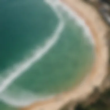 Aerial view of a bustling surf park with surfers and spectators