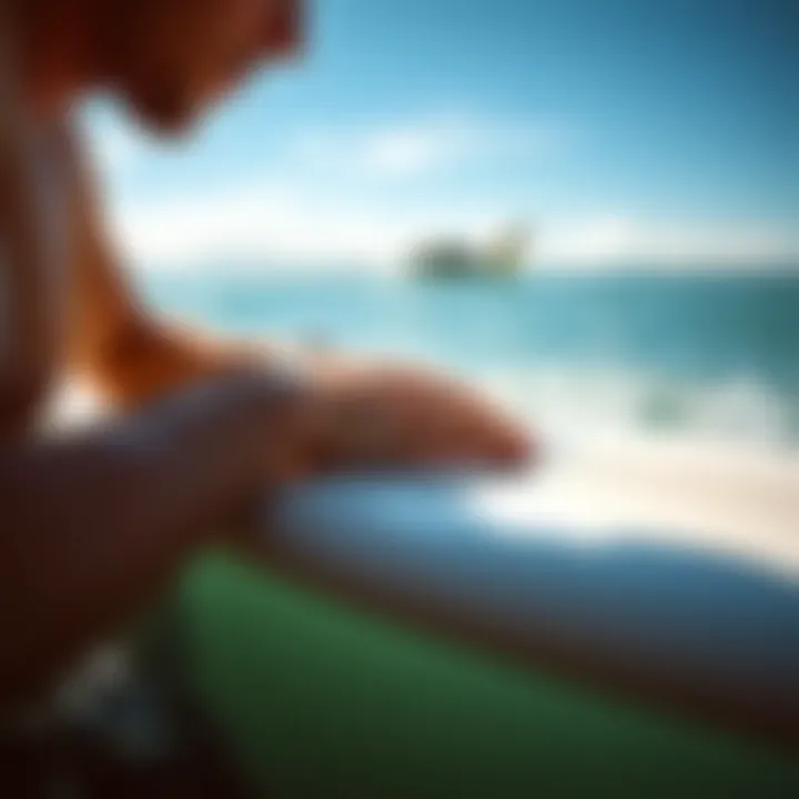 Close-up of sunscreen application on a surfboard