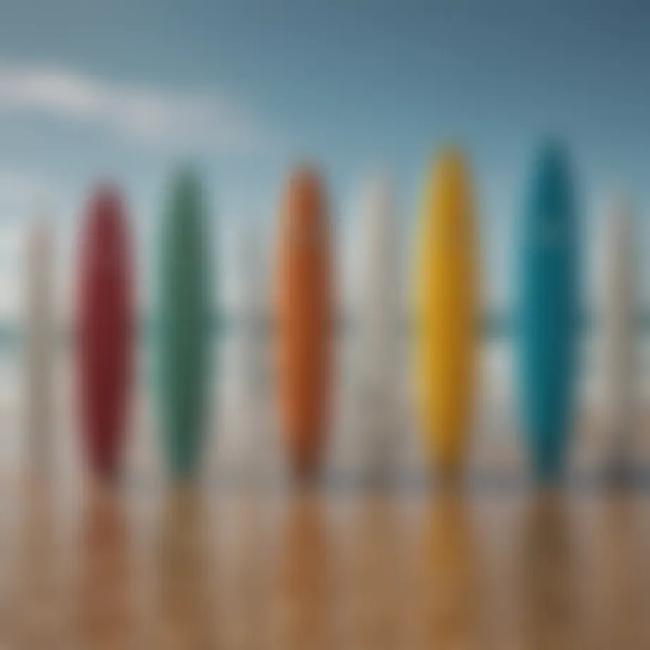 Different types of surfboards displayed on a beach