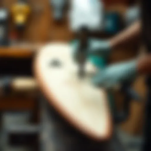 Craftsmanship in Surfboard Shaping A close-up of a surfboard blank being shaped with precision tools, showcasing the artistry involved.