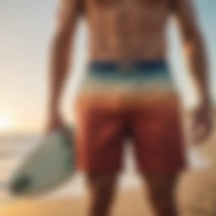 A surfer wearing classic board shorts on a beach at sunset