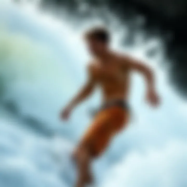 A surfer showcasing rusty boardshorts while riding a wave