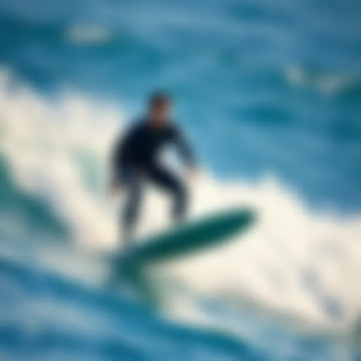 Surfer wearing boots and gloves while riding a wave
