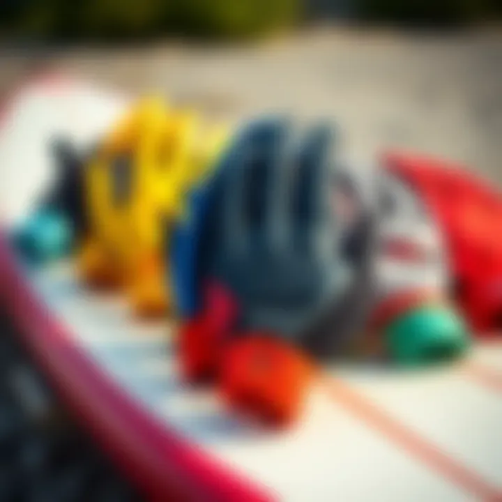 Diverse selection of surfing gloves displayed on a surfboard