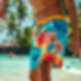 Vibrant Surf Shorts in a Tropical Setting Vibrant surf shorts in a tropical setting