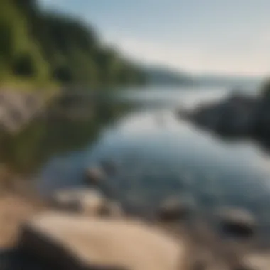 Tranquil Lakeside for Ideal Stone Skipping A tranquil lakeside view showcasing perfect stone skipping conditions