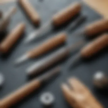 A close-up view of various carving tools used for designing tankini tops