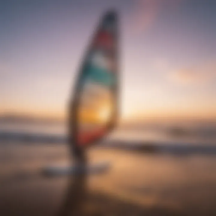 Close-up of windsurfing equipment set against a stunning sunset