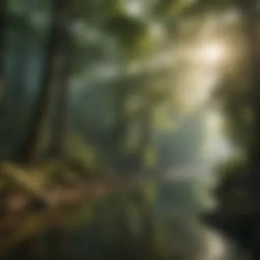 The Tranquility of Lush Forests Lush forest scenery with sunlight filtering through the trees