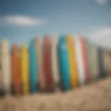 Different types of surfboard training boards lined up